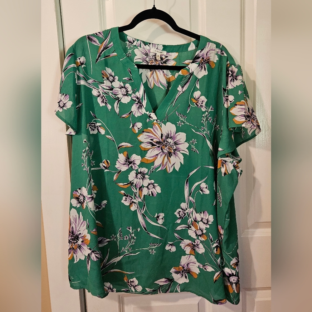 Maurices 3X Floral Green Women's Flutter Short Sleeve Top NWOT